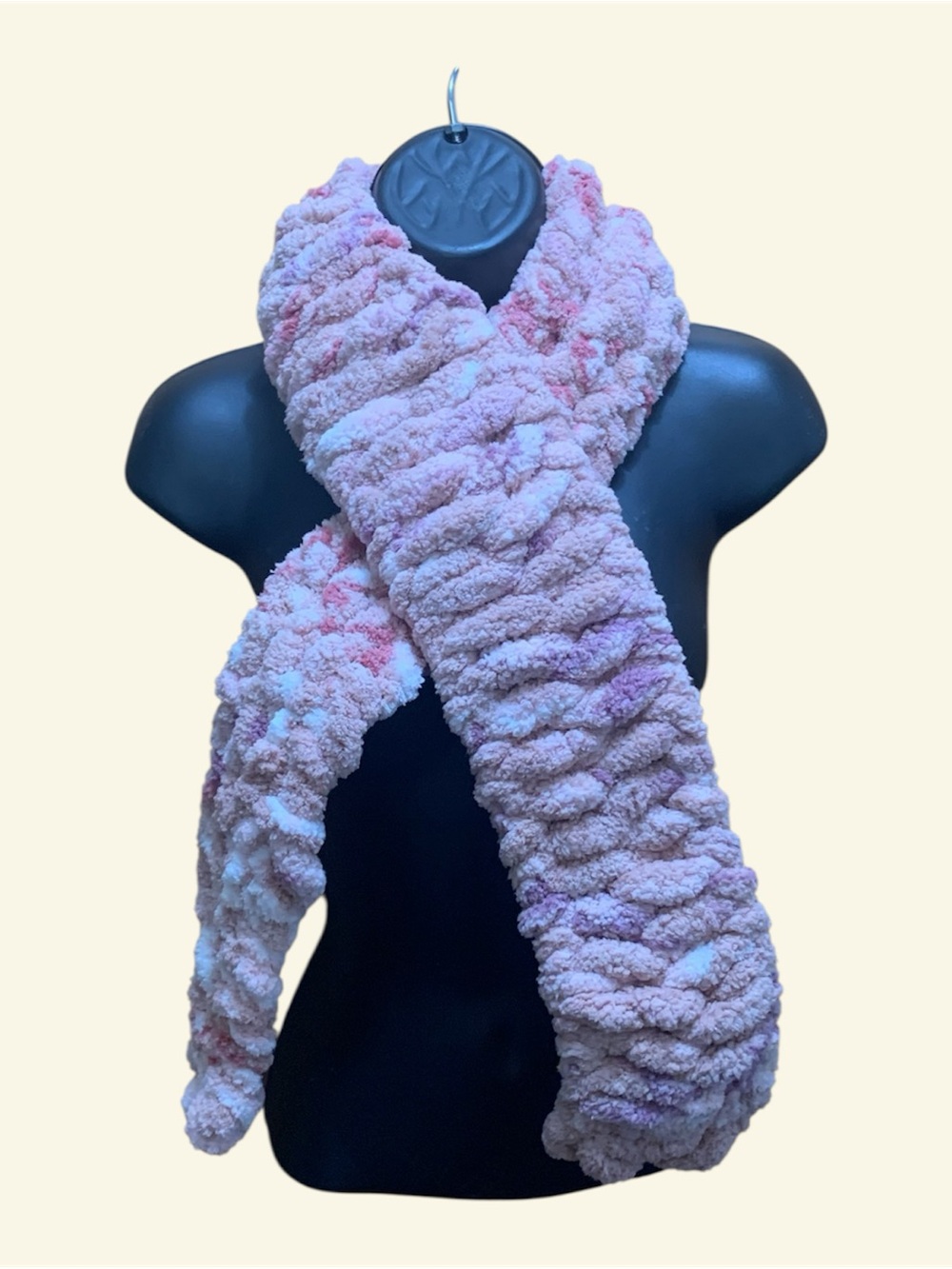 NWOT Handmade Chunky Knit Scarf Soft Chenille Fleece Pink Variegated